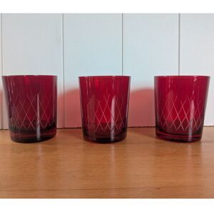 3 Cranberry Red Cut-to-Clear Lowball Rocks Glasses - Diamond Pattern